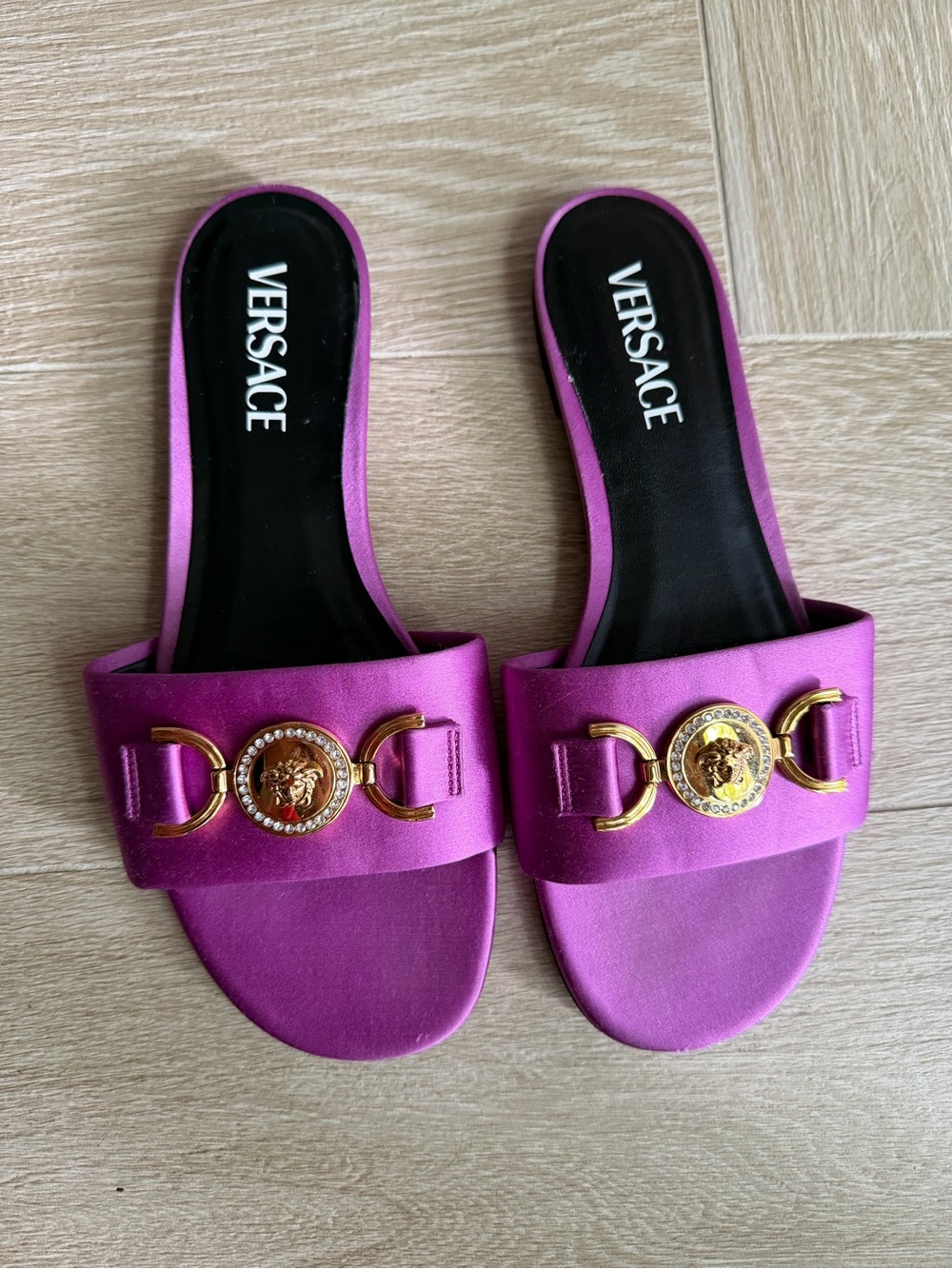Versace Fuchsia Purple Satin Medusa Crystal Slides Size 38.5